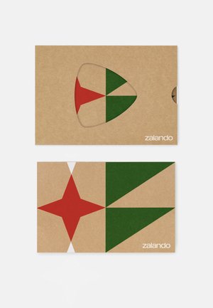 Zalando gift card holder, brown kraft paper, featuring geometric patterns in green and red, with cut-out shapes and a logo in the corner.