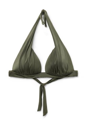 Olivgrön bikiniöverdel med triangulär design, halterneckband, texturerad tyg med rynkade detaljer och en knut framtill.