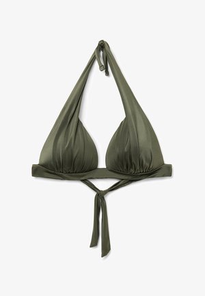 Olivgrüner Bikini-Oberteil mit dreieckigem Design, Halterneck-Bändern, strukturiertem Stoff mit gerafften Akzenten und einer Knoten-Detail vorne.