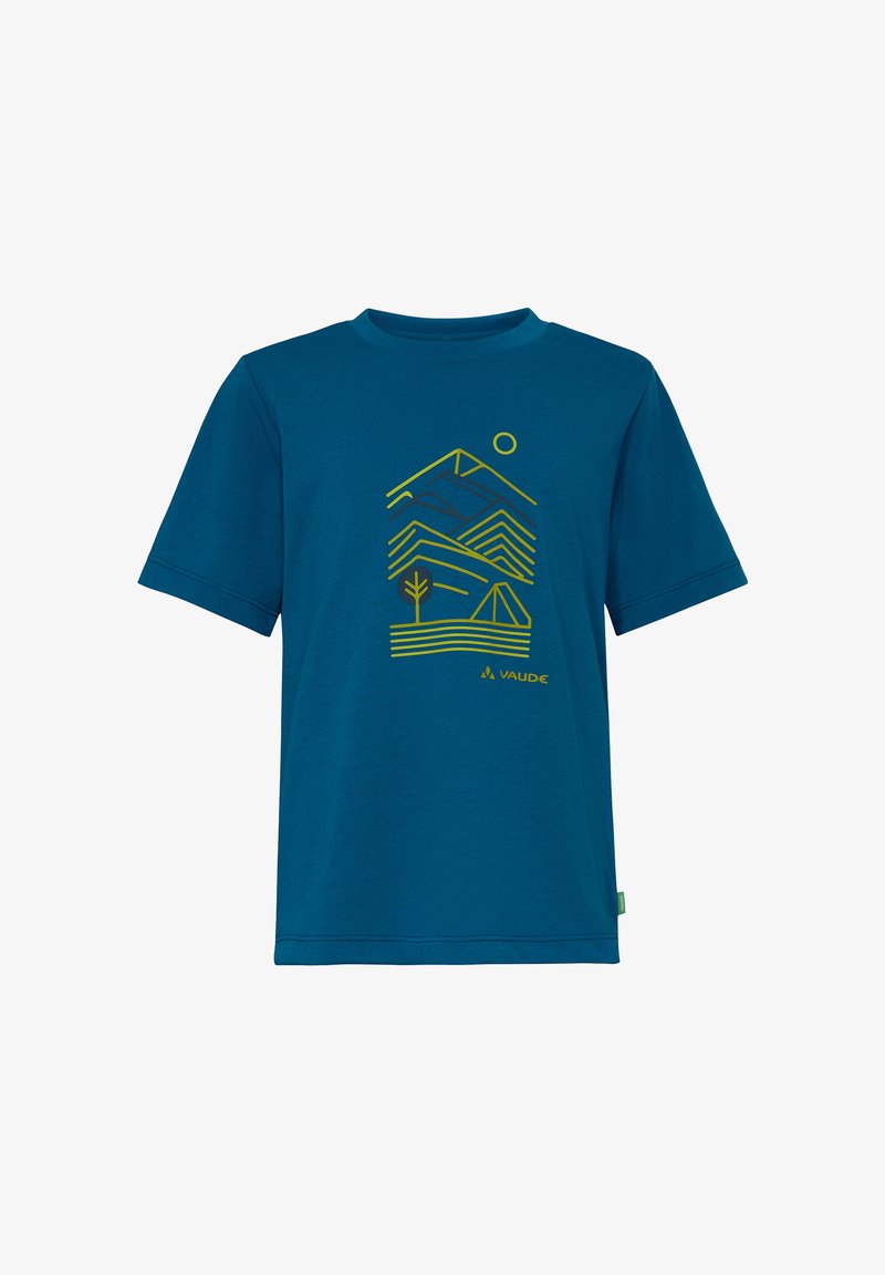 T-shirt à manches courtes bleu sarcelle avec un motif géométrique jaune représentant une montagne, un arbre, une tente, le soleil et le logo Vaude sur le devant.