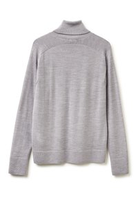 Maglione grigio a collo alto caratterizzato da una trama morbida, maniche lunghe e una silhouette aderente. Costruzione delle spalle semplice e senza cuciture.