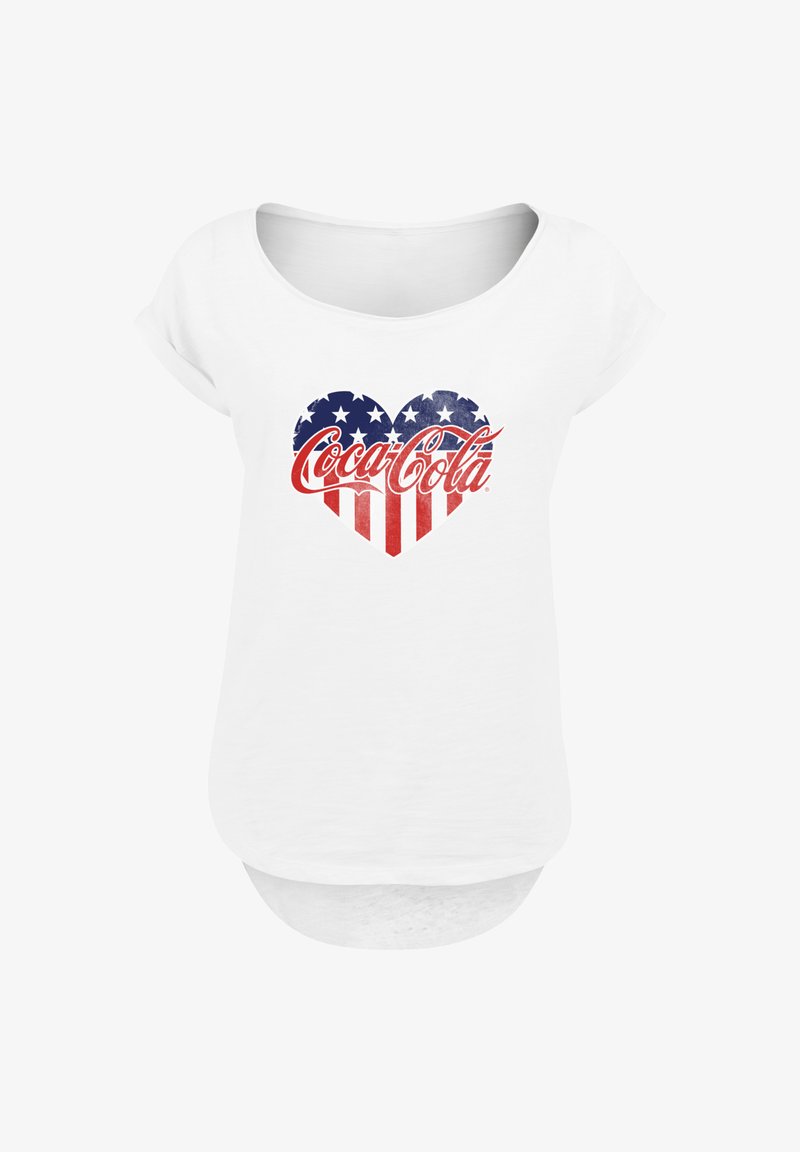 White short-sleeve shirt with a heart-shaped American flag design and red Coca-Cola logo centered on the chest.