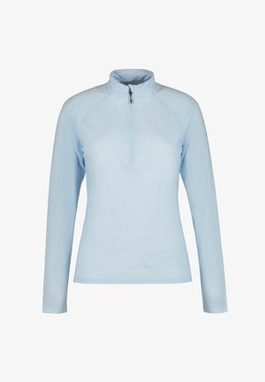 Hellblauer Langarm-Pullover mit halbem Reißverschluss und Stehkragen, gefertigt aus strukturiertem Stoff, vor weißem Hintergrund abgebildet.