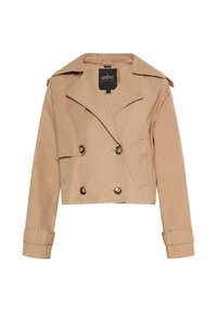 Jachetă bej scurtă, realizată din țesătură de twill, cu design dublu-button, butoane mari, guler larg și epoleti pe umeri.
