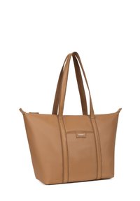 Bruine synthetische tote bag met twee stevige handvatten, rechthoekige vorm, gladde textuur en subtiele stikdetails aan de zijkanten.
