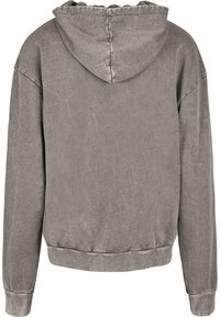 Gray hooded sweatshirt with a soft texture, featuring long sleeves and a relaxed fit. The back is plain with a subtle, faded finish.
