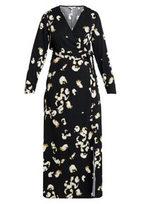 Vestido negro ceñido con mangas largas, que presenta un patrón abstracto en blanco y dorado. Incluye una cintura atada y una apertura lateral.
