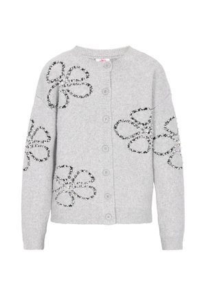 Heledhalli nööbiga kardigan, millel on must-valged helmes lillemustrid varrukatel ja ees.