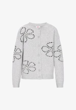 Heledhalli nööbiga kardigan, millel on must-valged helmes lillemustrid varrukatel ja ees.