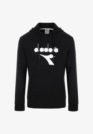 Felpa nera con cappuccio con logo "diadora" bianco e coulisse, tasca a marsupio frontale, maniche lunghe e polsini e orlo a costine.