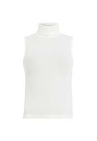 Top sin mangas de color blanco, con textura acanalada, diseño ajustado, dobladillo recto, fabricado en una suave mezcla de algodón. Sin detalles ni patrones adicionales.