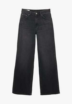 Črne široke kavbojke z visokim pasom, sprednjo zapenjanjem na gumbe in zadrgo, zanke za pas ter s petimi žepi.