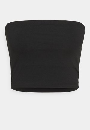 Czarny, bezramkowy crop top wykonany z gładkiej, elastycznej tkaniny. Charakteryzuje się dopasowanym krojem z czystymi, wykończonymi krawędziami i bez widocznych ozdób.