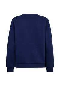 Marineblauwe sweatshirt met een ronde hals, lange mouwen en geribde manchetten en onderkant. Glad, zacht textuur met een eenvoudige achterkant.