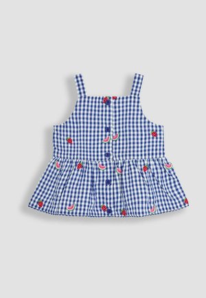 Top fără mâneci cu carouri albastre și albe, având un tiv evazat, decorat cu broderie cu pepene verde și căpșuni, și închidere cu butoane în față.