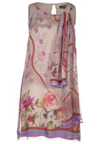 Vestido sin mangas de tejido rosa claro con estampado floral, que presenta un acento drapeado con bordes coloridos y diseños florales decorativos.