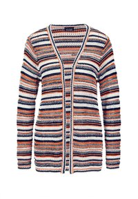 Gestreepte gebreide cardigan in marineblauw, oranje en wit. Heeft een open voorkant met lange mouwen en een textuur van haakpatroon.