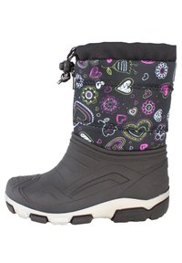 Zwarte waterdichte laars met een patroon op de schacht, versierd met kleurrijke harten en bloemen, rubberen onderkant en flexibele zool voor grip.