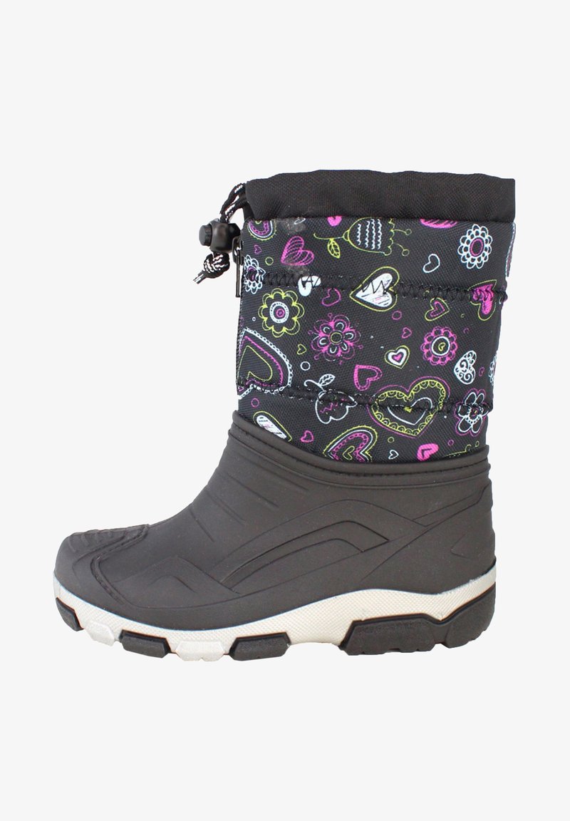 Zwarte waterdichte laars met een patroon op de schacht, versierd met kleurrijke harten en bloemen, rubberen onderkant en flexibele zool voor grip.