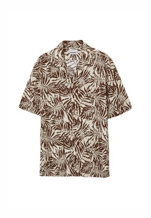 Chemise à manches courtes présentant un motif de feuilles de palmier marron et crème, fabriquée en tissu léger avec une coupe décontractée et un devant à boutons.