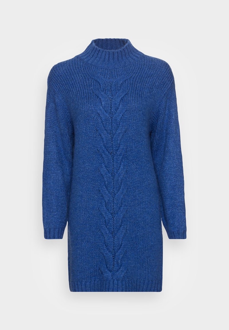 Robe pull longue tricotée bleue avec col montant et motif torsadé central, dotée de manches longues et de poignets et ourlet côtelés.
