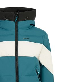 Tyrkysovo-biely púšťač s uzáverom na zips, vysokým golierom a nastaviteľnou kapucňou. Má čierne akcenty a bočné vrecká. Logo na hrudi.