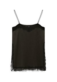 Black camisole with adjustable spaghetti straps, featuring lace trim along the neckline and hem. Made from a soft, sheer fabric.