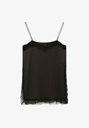 Schwarzes Spaghettiträgershirt mit verstellbaren Trägern, verziert mit Spitzenbesatz entlang des Rundhals- und Saumbereichs. Hergestellt aus einem weichen, durchsichtigen Stoff.