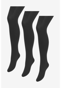 Svarta ogenomskinliga strumpbyxor i en mjuk textur. Tre par visade, var och en med fotad design, sömlös finish och enhetlig färg.