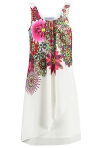 Robe blanche sans manches avec devant superposé, ornée de motifs floraux et mandalas colorés dans des tons roses, verts et jaunes.