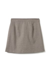 Falda gris con una textura suave, que presenta una cinturilla ajustada y pliegues sutiles cerca del dobladillo. Diseño clásico en forma de A.