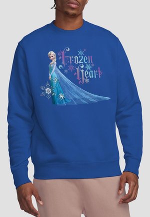 Blue sweatshirt featuring a graphic of a character in a flowing ice dress, with the text "Frozen Heart" in colorful, stylized lettering.
