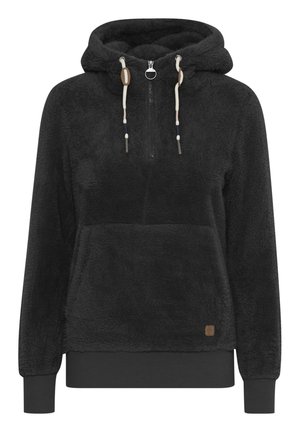 Schwarzer Fleece-Hoodie mit einem halben Reißverschluss, verstellbaren Kordelzügen und einer Fronttasche. Strukturiert oberfläche und gerippte Bündchen aus kontrastierendem Material.