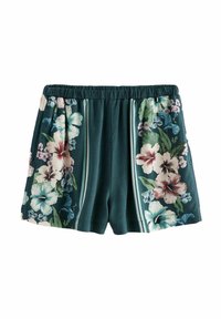 Pantalones cortos de estampado floral con fondo color teal, presentando grandes hibiscos y patrones de flores más pequeñas, una cintura elástica y un corte corto.