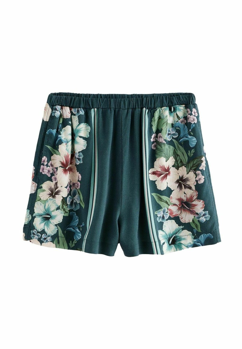 Pantalones cortos de estampado floral con fondo color teal, presentando grandes hibiscos y patrones de flores más pequeñas, una cintura elástica y un corte corto.