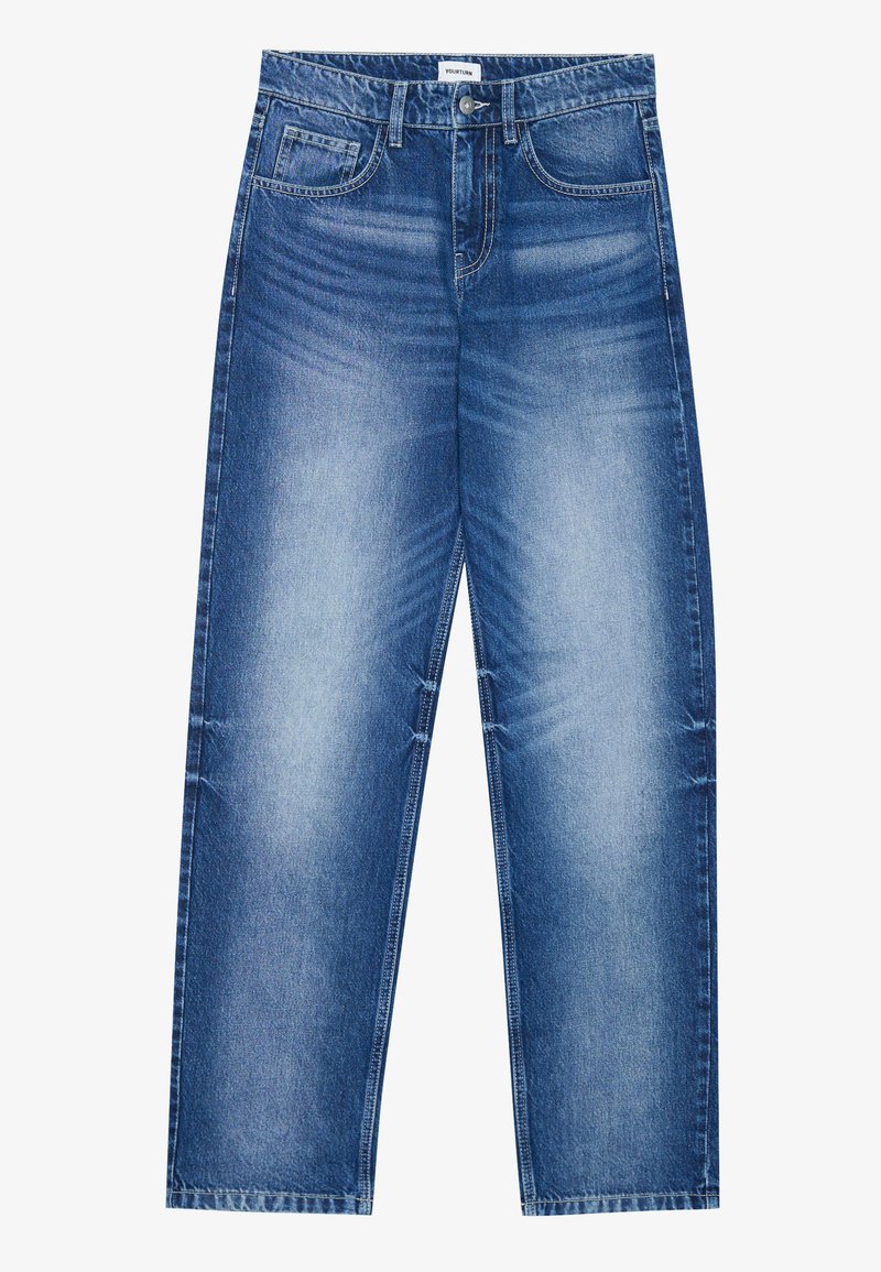 Jeans in denim blu con taglio dritto, sbiaditi davanti, con cinque tasche e chiusura a bottone in vita.