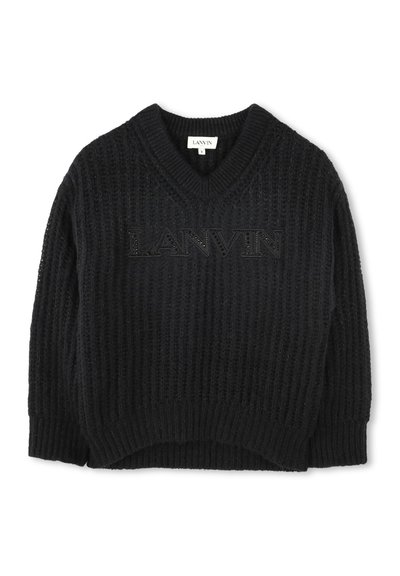 Black knitted sweater with a V-neck, featuring a textured pattern and the brand name "LANVIN" stitched in dark thread across the front.