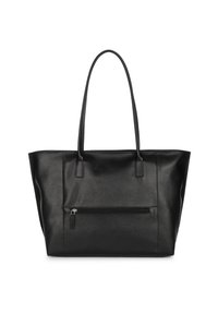 Borsa tote in pelle nera con superficie texturizzata, due manici robusti e una tasca frontale con cerniera. Forma rettangolare con design minimal.