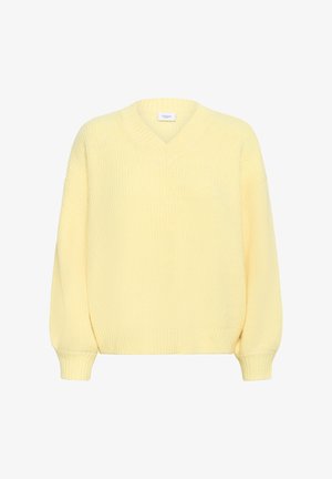 Pull en tricot jaune clair avec col en V, manches longues et poignets côtelés. Présente une texture épaisse et une coupe décontractée.