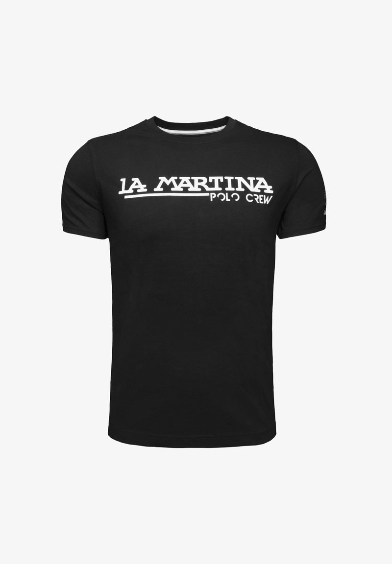 Black crew neck t-shirt made of cotton, featuring a large white “LA MARTINA POLO CREW” print across the chest. Short sleeves.