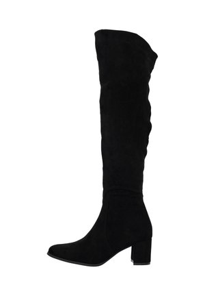 Botas negras de gamuza sobre la rodilla, con tacón bloque, punta redonda y un diseño holgado con una textura suave.