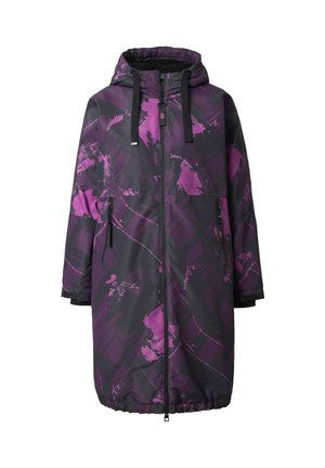 Manteau long violet et noir à motifs avec capuche, doté d'une fermeture éclair à l'avant, de cordons de serrage ajustables et de deux poches latérales. Tissu texturé.