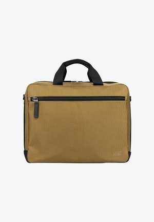 Mallette rectangulaire de couleur fauve avec poignées noires, poche zippée à l'avant et petit logo embossé dans le coin inférieur droit.