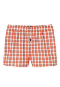 Oranžovo-šedé kostkované šortky s elastickým pasem a černým knoflíkem vepředu. Bavlněná tkanina s hladkým povrchem.