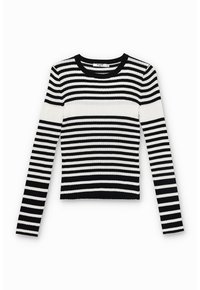 Pull à manches longues, en maille côtelée, noir et blanc avec des rayures horizontales, col rond et silhouette ajustée.