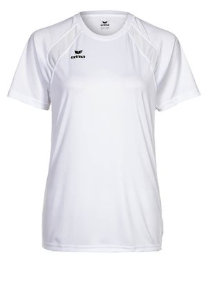 T-shirt de sport blanc à manches courtes avec des panneaux en maille sur les épaules et un logo "erima" noir sur la poitrine gauche et à l'intérieur du col.