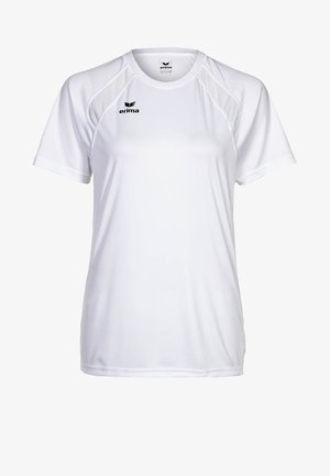 Maglietta sportiva bianca a maniche corte con pannelli in mesh sulle spalle e logo "erima" nero sul lato sinistro del petto e all'interno del colletto.