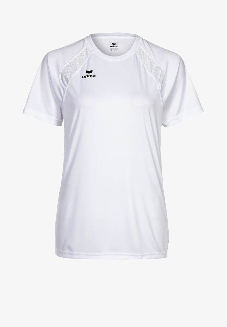 Weißes Kurzarm-Sport-T-Shirt mit Netzstoff-Schulterpaneelen und schwarzem "erima"-Logo auf der linken Brust sowie im Krageninnenteil.