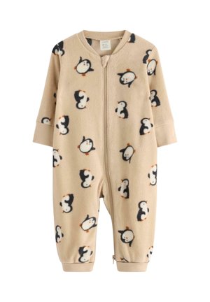 Beżowy piżama z polaru z nadrukiem pingwinów, z zapięciem na zamek, długimi rękawami i ściągaczami, zapewniającymi wygodne dopasowanie.