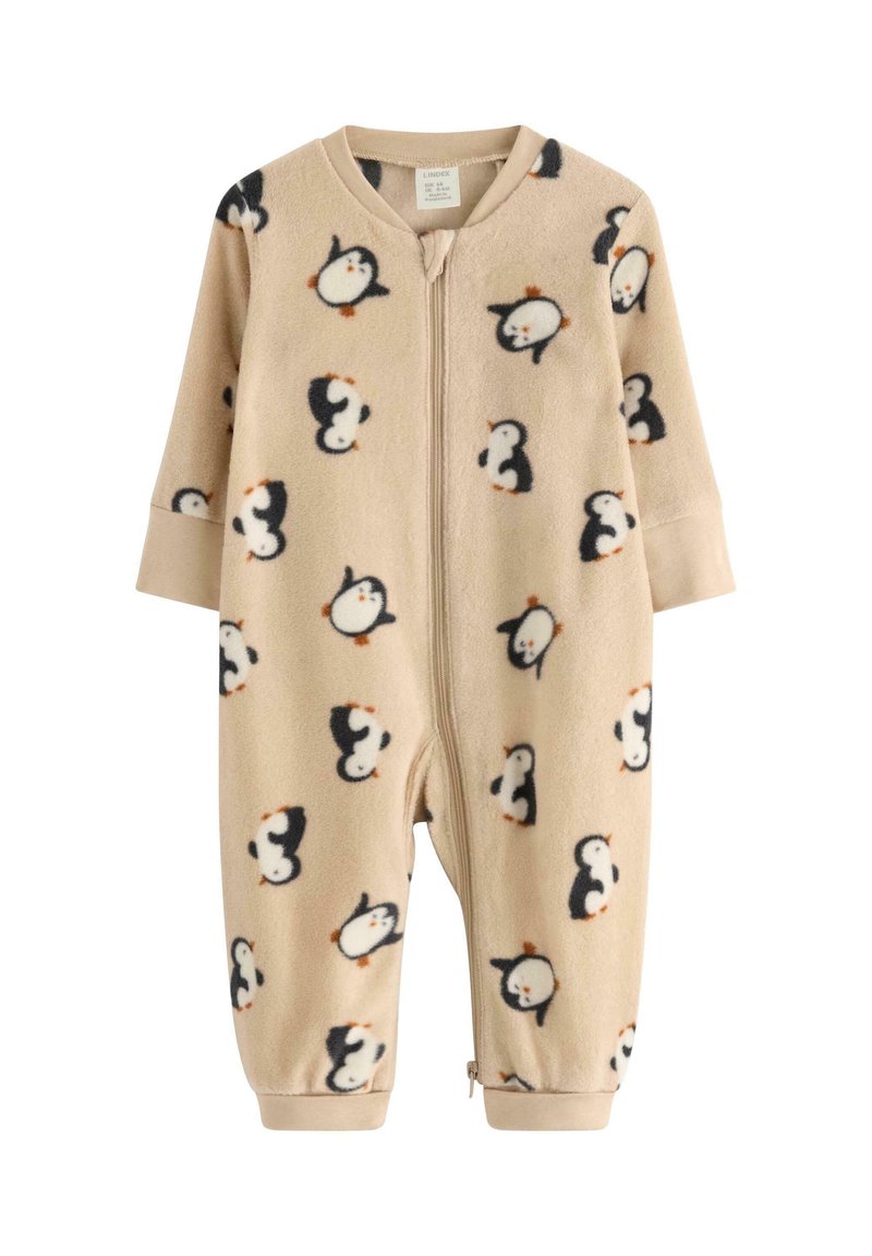 Fleece pyjamasæt i beige med et mønster af pingviner overalt, lynlås i front, lange ærmer og ribbede manchetter for en tætsiddende pasform.